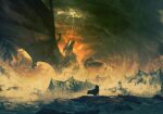  1other anato_finnstark ancalagon cloud cloudy_sky dragon fantasy from_behind giant giant_monster grey_sky highres legendarium lightning mountain sky spread_wings the_silmarillion wide_shot 