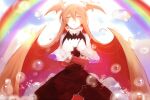  1girl bat bat_wings black_dress blush bubble closed_eyes cloud cloudy_sky crossed_arms demon_girl dress funamusea haiiro_teien horns long_hair pink_hair rainbow raspbel sky very_long_hair wings xinghuo 