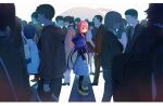  6+boys 6+girls absurdres backpack bag braid capelet coat crosswalk crowd dress dual_persona formal full_body highres hood hood_down hood_up hooded_capelet hooded_jacket hoodie isshiki_(ffmania7) jacket kaf kamitsubaki_studio long_sleeves looking_at_viewer low_twin_braids medium_hair multicolored multicolored_eyes multiple_boys multiple_girls pink_hair ponytail sailor_collar smile suit sweater twin_braids virtual_youtuber yellow_pupils 