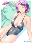  1girl breasts casual_one-piece_swimsuit cleavage closed_mouth collarbone etchimune grey_swimsuit highres large_breasts looking_at_viewer one-piece_swimsuit original pink_lips purple_hair shiny shiny_hair shiny_skin short_hair sideboob sitting smile solo swimsuit thigh_gap twitter_logo twitter_username yellow_eyes 