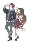  1boy 1girl alternate_costume bit_gag black_footwear black_hair brother_and_sister brown_eyes brown_hair casual earrings gag hand_in_pocket highres hood hood_down hooded_jacket hoodie jacket jewelry kamado_nezuko kamado_tanjirou kimetsu_no_yaiba long_hair long_sleeves multicolored_hair pants papajay_(jennygin2) pink_eyes pink_shirt ponytail red_hair red_neckwear scar scar_on_face shirt shoes siblings sidelocks simple_background skirt sneakers standing suspender_skirt suspenders white_background 