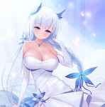  1girl absurdres azur_lane bare_shoulders blue_eyes braid breasts cleavage dress elbow_gloves english_commentary gloves hair_ornament highres illustrious_(azur_lane) illustrious_(illustrious_ballroom)_(azur_lane) kyo_(user_jpfr5738) large_breasts long_hair looking_at_viewer mole mole_under_eye official_alternate_costume sky smile solo strapless strapless_dress white_dress white_gloves white_hair 