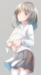  1girl bangs brown_eyes closed_mouth collared_shirt comah commentary_request dress_shirt eyebrows_visible_through_hair grey_background grey_hair grey_skirt highres long_hair long_sleeves looking_at_viewer navel original pleated_skirt shirt simple_background skirt solo thighhighs v-shaped_eyebrows white_legwear white_shirt 