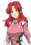  1girl absurdres blue_eyes flay_allster gundam gundam_seed highres jacket long_hair looking_at_viewer military military_uniform parted_lips pink_jacket red_hair shiina_yousei shiny shiny_hair solo standing uniform upper_body white_background wing_collar 
