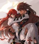  1boy 1girl aria_(guilty_gear) bodysuit brown_hair carrying forehead_protector green_eyes guilty_gear guilty_gear_strive halo jack-o&#039;_valentine long_hair princess_carry red_hair riarashu sol_badguy very_long_hair white_bodysuit 