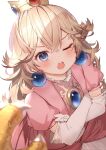  1girl blonde_hair blue_eyes blush bowser crossed_arms crown earrings elbow_gloves gloves hair_between_eyes highres jewelry long_hair looking_at_viewer mario_(series) one_eye_closed open_mouth princess_peach ryota_(ry_o_ta) simple_background solo_focus upper_body white_background white_gloves 