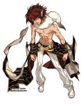  1boy animal_around_neck bangs black_cape cape chain clenched_hand closed_mouth commentary detached_sleeves english_commentary fox full_body grandyoukan horns looking_to_the_side navel orange_eyes pants ponytail professor_(ragnarok_online) ragnarok_online red_hair shirtless shoes short_hair simple_background solo standing striped_sleeves toned toned_male waist_cape watermark web_address white_background white_footwear white_pants white_sleeves 