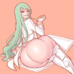  1girl ass c.c. code_geass demimond23 food_in_mouth green_hair huge_ass long_hair looking_at_viewer looking_back lying no_panties on_side orange_background orange_eyes pizza_box smile solo thick_thighs thighhighs thighs white_legwear 