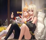  2girls :d absurdres animal_ear_fluff animal_ears artist_request blonde_hair breasts chips cigarette cleavage commission controller dungeon_and_fighter fang food food_on_face fox_ears game_controller hair_between_eyes highres huge_filesize indoors kaiser_(myeonggihusband) long_hair medium_breasts mouth_hold multiple_girls off_shoulder open_mouth original pillow platinum_blonde_hair red_eyes second-party_source shaded_face sidelocks sitting sitting_on_lap sitting_on_person skin_fang smile smiley_face tank_top translation_request very_long_hair 