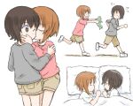  2girls bed brown_hair chasing cheek_kiss closed_eyes frog girls_und_panzer incest kiss multiple_girls mutsu_(layergreen) nishizumi_maho nishizumi_miho one_eye_closed short_hair short_shorts shorts siblings sisters sleeping under_covers younger yuri 