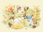  ampharos closed_eyes closed_mouth commentary_request fluffy gen_2_pokemon grey_eyes highres lying mareep no_humans non_(kumakawayusu) on_back pokemon pokemon_(creature) shiny signature smile 