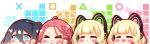  &gt;_&lt; 4girls :d absurdres ahoge animal_ears arisu_(blue_archive) black_hair black_hairband blonde_hair blue_archive blue_bow blue_eyes blush bow braid brown_hair cat_ear_headphones cat_ears chibi closed_mouth commentary_request fake_animal_ears forehead hair_bow hairband hands_up headphones highres kurukurumagical midori_(blue_archive) momoi_(blue_archive) multiple_girls one_side_up open_mouth parted_lips red_bow ringed_eyes smile yuzu_(blue_archive) 