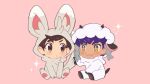  2boys :3 bangs blush bright_pupils brown_eyes brown_hair chibi chokutsuu_(menino) closed_mouth commentary_request cosplay eye_contact gen_5_pokemon gen_8_pokemon highres hood hood_up hop_(pokemon) looking_at_another male_focus minccino minccino_(cosplay) multiple_boys pink_background pokemon pokemon_(game) pokemon_ears pokemon_swsh pokemon_tail purple_hair short_hair simple_background sitting smile sparkle swept_bangs victor_(pokemon) white_pupils wooloo wooloo_(cosplay) yellow_eyes 