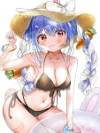  1girl animal_ears bad_hand bikini blue_hair blush braid breasts bunny_ears bunny_tail carrot_hair_ornament cleavage feet_out_of_frame food-themed_hair_ornament hair_ornament hat hololive innertube light_smile long_hair looking_at_viewer medium_breasts multicolored_hair nano_(nazuna0512) red_eyes simple_background solo swimsuit tail twin_braids twintails two-tone_hair usada_pekora white_background 