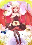  1girl bat_wings black_dress black_legwear blush bubble bug butterfly demon_girl demon_horns demon_wings dress flower food fruit funamusea haiiro_teien highres holding horns insect long_hair looking_at_viewer pink_hair raspbel red_eyes shoes sitting strawberry swing thighhighs wings xinghuo 