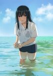  1girl artist_name black_hair blush grey_eyes long_hair looking_at_viewer mattaku_mousuke ocean original outdoors solo wading water watermark wet wringing_clothes 