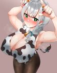  1girl alternate_costume animal_ears animal_print armpits arms_up asymmetrical_hair bell black_legwear blue_ribbon blush braid braided_ponytail breasts cleavage cleavage_cutout closed_mouth clothing_cutout commentary covered_nipples cow_ears cow_horns cow_print cow_tail cowboy_shot eyebrows_visible_through_hair frikulu green_eyes hair_ribbon heart heart-shaped_pupils highres hololive horns horns_pose large_breasts looking_at_viewer medium_hair neck_bell pantyhose print_leotard purple_background ribbon shirogane_noel silver_hair simple_background solo steaming_body sweat symbol-shaped_pupils tail tareme tress_ribbon virtual_youtuber 
