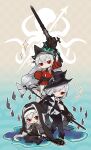  3girls :d abyssal_hunters_logo arknights ascot bare_shoulders black_coat black_dress black_footwear black_gloves black_headwear black_neckwear boots braid chibi clothing_cutout coat dress elbow_gloves eyes_visible_through_hair full_body gladiia_(arknights) gloves hair_between_eyes hair_over_one_eye hat highres holding holding_spear holding_sword holding_weapon knee_boots long_hair long_sleeves looking_at_viewer multiple_girls navel navel_cutout open_mouth pants pointy_ears polearm red_dress red_eyes ribbed_sweater short_dress silver_hair sitting skadi_(arknights) skadi_the_corrupting_heart_(arknights) smile spear specter_(arknights) sweater sword thigh_boots thighhighs weapon white_footwear white_neckwear white_pants white_sweater wu_yang yokozuwari 