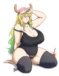  1girl arm_support arm_up bare_shoulders batako1812 black_legwear blonde_hair breasts cleavage closed_eyes covered_nipples drink gradient_hair green_hair hat highres horns horns_through_headwear huge_breasts kobayashi-san_chi_no_maidragon multicolored_hair no_pants panties plump quetzalcoatl_(maidragon) signature sitting solo strap_slip sweat tank_top thick_thighs thighhighs thighs underwear white_background 