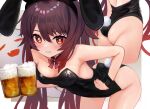  1girl alcohol animal_ears ass bare_shoulders beer beer_mug bent_over black_leotard bow bowtie breasts bunny_ears bunny_tail cup drink genshin_impact ghost holding holding_drink hu_tao_(genshin_impact) leotard looking_at_viewer marisayaka mug multiple_views star-shaped_pupils star_(symbol) symbol-shaped_pupils tail twintails 