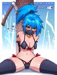  1girl abs arrow_(projectile) artist_name axe bell bikini blue_hair breasts choker english_commentary green_eyes mask medium_breasts navel neck_bell original patreon_username ponytail ronindude sitting solo swimsuit thighhighs watermark yin_yang_tattoo 