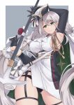  1girl aiguillette aquila_(azur_lane) arm_up arm_warmers armpits ascot azur_lane bangs black_gloves black_headwear black_panties black_straps bow braid breasts cape commentary cowboy_shot dress eyebrows_visible_through_hair garter_belt gloves green_cape green_eyes groin hair_between_eyes half_gloves hammer hat highres holding holding_hammer large_breasts long_hair looking_at_viewer multi-tied_hair panties parted_lips rei_(09991) side_slit sidelocks silver_hair simple_background skindentation sleeveless sleeveless_dress smile solo standing thigh_strap tilted_headwear two-tone_cape underboob underwear very_long_hair war_hammer weapon white_bow white_dress white_headwear white_neckwear wrist_cuffs 