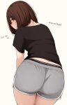  1girl ass bangs black_panties black_shirt blush bob_cut brown_eyes brown_hair closed_mouth dolphin_shorts english_text eyebrows_visible_through_hair from_behind grey_background grey_shorts hair_between_eyes highres kapatarou leaning_forward looking_at_viewer looking_back md5_mismatch original panties shirt short_shorts short_sleeves shorts simple_background solo underwear 