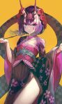  1girl 3: blue_eyes bob_cut closed_mouth fate/grand_order fate_(series) flower hair_flower hair_ornament highres holding holding_pipe horns japanese_clothes kimono kiseru long_sleeves looking_at_viewer lostroom_outfit_(fate) merryj obi oni oni_horns pipe purple_hair red_flower red_rose rose sash short_hair shuten_douji_(fate) simple_background solo thighs wide_sleeves yellow_background 
