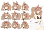 1girl alternate_costume angelina_(arknights) animal_ears arknights bikini black_bikini black_collar brown_hair collar ear_piercing earpiece expressions fox_ears hairband highres infection_monitor_(arknights) jacket long_hair looking_at_viewer off_shoulder open_mouth piercing red_eyes red_hairband satou_kibi simple_background sketch smile sweatdrop swimsuit tongue tongue_out twintails white_background white_jacket 