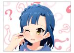  1girl 1other ? arm_up bangs blue_hair blue_shirt blunt_bangs blush border bow braid cheek_pinching confused dark_blue_hair eyebrows_visible_through_hair hand_up idolmaster idolmaster_million_live! nanao_yuriko nora_ichigo one_eye_closed open_mouth pinching pov pov_hands shirt short_hair simple_background solo_focus white_background white_border yellow_eyes 