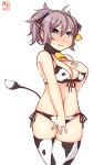  1girl alternate_costume animal_ears animal_print aoba_(kancolle) artist_logo bikini blue_eyes blue_scrunchie breasts cleavage commentary_request cow_ears cow_horns cow_print cow_tail cowboy_shot dated ear_tag fake_animal_ears fake_horns front-tie_top hair_ornament hair_scrunchie highres horns kanon_(kurogane_knights) kantai_collection medium_breasts one-hour_drawing_challenge ponytail purple_hair scrunchie short_hair simple_background solo swimsuit tail white_background white_bikini white_legwear 