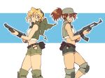  2girls assault_rifle baseball_cap black_panties blonde_hair brown_eyes brown_hair crop_top english_commentary fio_germi glasses green_bandana green_shorts green_vest gun hat hip_vent holding holding_gun holding_weapon kasamoto_eri knee_pads long_hair looking_at_another metal_slug multiple_girls panties pump_action rifle round_eyewear short_shorts shorts shotgun tank_top underwear unseriousguy vest weapon white_tank_top yellow_eyes 