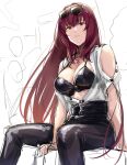  1girl alternate_costume bra breasts button_bra cleavage eyewear_on_head fate/grand_order fate_(series) jewelry large_breasts looking_at_viewer necklace okitakung open_clothes pants purple_hair red_eyes scathach_(fate) scathach_(fate)_(all) sitting sketch unbuttoned_sleeves underwear work_in_progress 