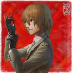  1boy adjusting_clothes adjusting_gloves akechi_gorou bangs black_gloves border brown_hair brown_jacket gloves grin hair_between_eyes highres ikeda_(cpt) jacket long_sleeves male_focus persona persona_5 red_background red_eyes short_hair smile solo white_border 