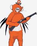  ... 1boy arknights blue_eyes bodysuit commentary cosplay cowboy_shot detached_wings executor_(arknights) grey_hair gun halo highres holding holding_gun holding_weapon male_focus meme monyu2020 onesie orange_bodysuit parody po_(teletubby) po_(teletubby)_(cosplay) shaded_face shotgun simple_background solo symbol_commentary teletubbies weapon white_background wings 