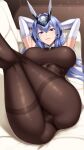  1girl :3 arms_behind_head ass azur_lane blue_eyes blue_hair bodysuit breasts brown_bodysuit closed_mouth commentary_request couch elbow_gloves eyebrows_visible_through_hair gloves hair_between_eyes highres large_breasts long_hair looking_at_viewer lying new_jersey_(azur_lane) on_back on_couch shuugetsu_karasu smile solo thighs white_gloves 