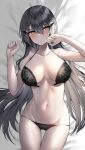  1girl bangs bare_arms bare_shoulders bed_sheet black_bra black_hair black_panties blush bra breasts collarbone commentary cowboy_shot dandelion_(girls&#039;_frontline) embarrassed eyebrows_visible_through_hair girls&#039;_frontline groin hair_between_eyes hair_ornament hands_up hei_d highres large_breasts long_hair looking_away lying navel on_back on_bed open_bra panties solo stomach underwear underwear_only very_long_hair yellow_eyes 