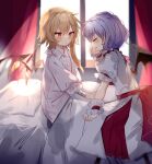  2girls backlighting bat_wings bite_mark blonde_hair blush closed_eyes commentary crying crystal dress flandre_scarlet flat_chest highres indoors looking_at_another multiple_girls no_hat no_headwear on_bed one_side_up pajamas profile purple_hair red_eyes remilia_scarlet siblings sisters sorani_(kaeru0768) touhou white_dress window wings 