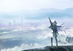  1girl absurdres arm_up boots building capelet cloud dress english_text highres hood hood_up hooded_capelet kaf kamitsubaki_studio medium_hair mountain mountainous_horizon pink_hair scenery side_ponytail skyscraper solo standing sun_1200 virtual_youtuber yellow_pupils 