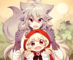  1boy 1girl :o ahoge alternate_costume animal_ears bandaged_arm bandages bangs big_bad_wolf_(grimm) big_bad_wolf_(grimm)_(cosplay) claw_pose clover cosplay eyebrows_visible_through_hair fangs four-leaf_clover genshin_impact gloves grey_gloves grey_hair hair_between_eyes hair_ornament hairpin highres kemonomimi_mode klee_(genshin_impact) light_brown_hair little_red_riding_hood little_red_riding_hood_(grimm) little_red_riding_hood_(grimm)_(cosplay) long_hair looking_at_viewer low_twintails miomawla orange_eyes razor_(genshin_impact) red_eyes red_hood scar scar_on_cheek scar_on_face sidelocks size_difference tail twintails wolf_ears wolf_tail 