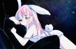  1girl animal_ears blue_eyes bunny_ears bunny_tail camisole chair eyebrows_visible_through_hair from_side long_hair lying no_pants on_stomach original pink_hair solo strap_slip tail white_camisole yuurei_(chcc8384) 