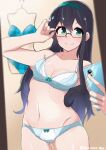  1girl bangs black_hair blue_bra blue_eyes blue_hairband blue_panties bra breasts cellphone cleavage clothes_hanger glasses hair_between_eyes hairband highres holding holding_phone kantai_collection long_hair medium_breasts mirror mori_tarou ooyodo_(kancolle) panties phone reflection selfie smartphone smile solo twitter_username underwear 