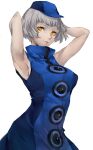  1girl armpits arms_up blue_dress blue_headwear dress elizabeth_(persona) hat high_collar highres light_smile looking_at_viewer persona persona_3 pertex_777 short_hair silver_hair simple_background sleeveless sleeveless_dress solo upper_body white_background yellow_eyes 