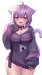  1girl absurdres ahoge animal_ears ass_visible_through_thighs black_hair blush breasts cat_ears cat_tail cleavage collar commentary_request deaver eyebrows_visible_through_hair fang highres hololive jacket large_breasts long_sleeves looking_at_viewer nekomata_okayu open_mouth purple_eyes purple_hair short_hair simple_background sleeves_past_fingers sleeves_past_wrists smile solo tail thigh_gap thighs virtual_youtuber white_background 