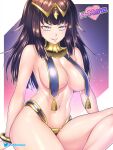  1girl bracelet breasts brown_hair cleavage etchimune fire_emblem fire_emblem_awakening grin hair_ornament jewelry large_breasts long_hair looking_at_viewer navel shiny shiny_hair sideboob sitting smile solo tharja_(fire_emblem) twitter_logo twitter_username very_long_hair yellow_eyes 