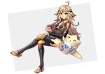  1girl absurdres ahoge bangs blonde_hair cape circlet closed_mouth fire_emblem fire_emblem_fates gen_2_pokemon grey_eyes high_heels highres kuronekozero long_hair looking_at_viewer ophelia_(fire_emblem) poke_ball pokemon pokemon_(creature) sandals thighhighs toeless_footwear togepi turtleneck 