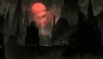  anato_finnstark artist_name bloodborne building cloud cloudy_sky fog full_moon highres hunter_(bloodborne) moon night no_humans outdoors red_moon scenery sky spot_color yharnam 