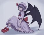  1girl 33_gaff bangs bat_wings bow brooch closed_mouth commentary_request dress footwear_bow frilled_dress frills full_body grey_background hair_between_eyes hat hat_ribbon jewelry knees_up looking_at_viewer petticoat red_bow red_eyes red_footwear red_neckwear red_ribbon remilia_scarlet ribbon short_sleeves simple_background sitting solo touhou white_background white_dress white_headwear white_legwear wings wrist_cuffs 