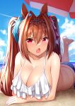  1girl animal_ears bangs bare_arms bare_shoulders barefoot bikini blue_sky blush breasts brown_hair cleavage cloud collarbone commentary_request condensation_trail daiwa_scarlet_(umamusume) day eyebrows_visible_through_hair fang foot_up hair_intakes highres horse_ears large_breasts layered_bikini long_hair looking_at_viewer lying on_ground on_stomach open_mouth outdoors red_eyes sand skin_fang sky solo sweat swimsuit takurowo tiara twintails umamusume v-shaped_eyebrows very_long_hair white_bikini 