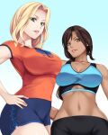  2girls bangs bare_shoulders black_pants blonde_hair blue_background blue_shorts blue_sports_bra breasts brown_eyes brown_hair cleavage clothes_writing collarbone commentary cowboy_shot dark-skinned_female dark_skin eyebrows_visible_through_hair fitness_boxing green_eyes groin hair_between_eyes hand_on_hip large_breasts laura_(fitness_boxing) long_hair looking_at_viewer low_ponytail midriff multiple_girls navel orange_shirt pants parted_bangs parted_lips ponytail shirt short_shorts shorts sidelocks simple_background smile sophie_(fitness_boxing) sports_bra standing taut_clothes tight tight_pants yuhji 